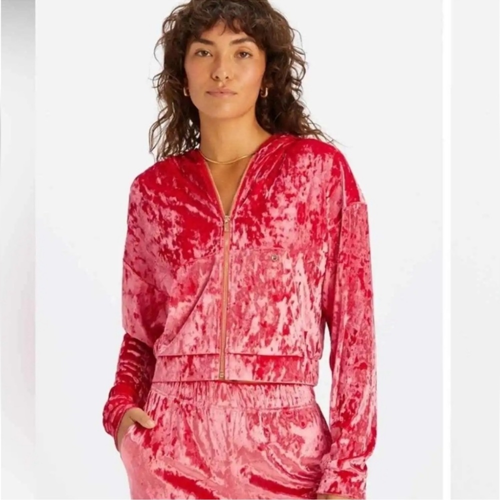 NEW Fabletics Crushed Velour Zip Up Hoodie‎ Strawberry Red medium NWT